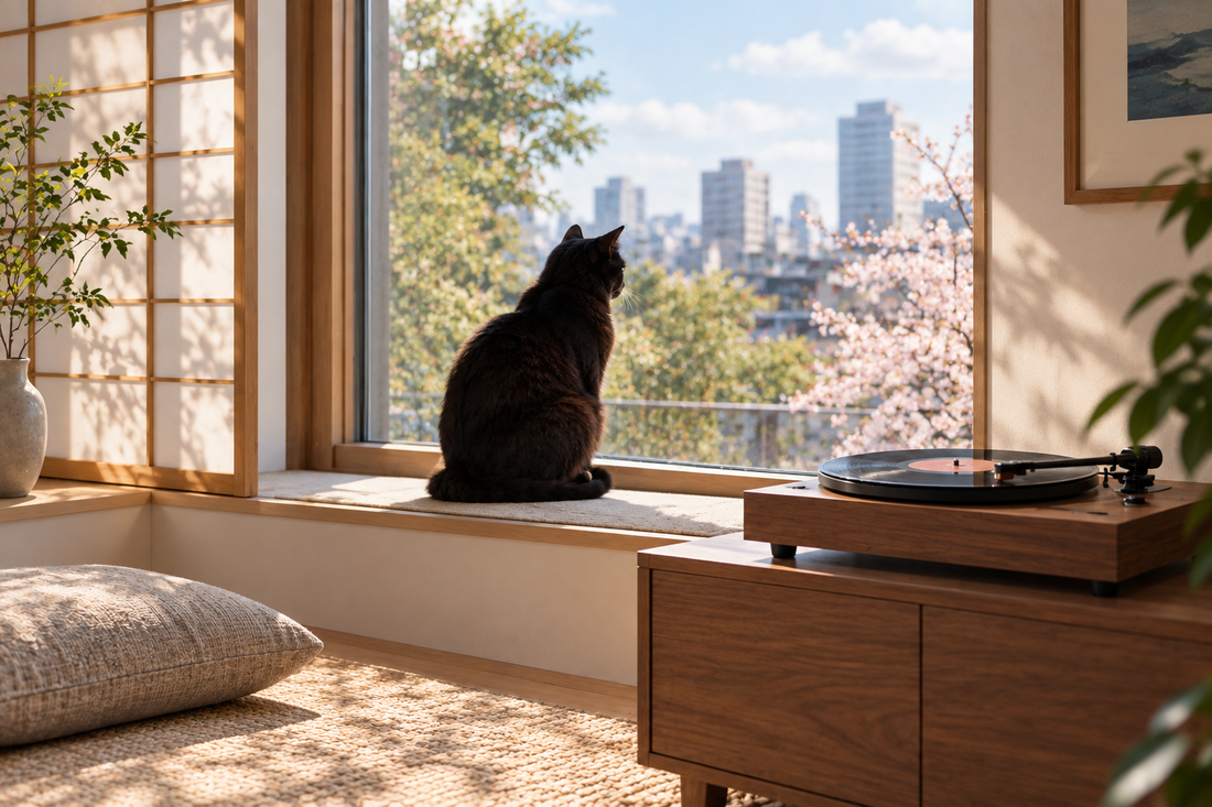 Zwarte kat naast een platenspeler in een lichte Japanse leeshoek met uitzicht over de stad.