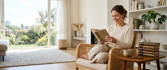 Vrouw leest blij een klassiek boek